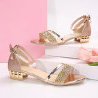 Women's Sandals Open-Toe with Ankle Strap and Low Block Heel - Champagne