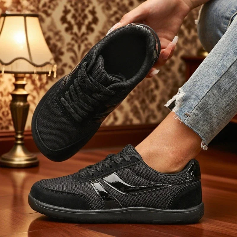Women's Wide-Fit Canvas Trainers with Lace-Up Front and Flatform Sole - All Black