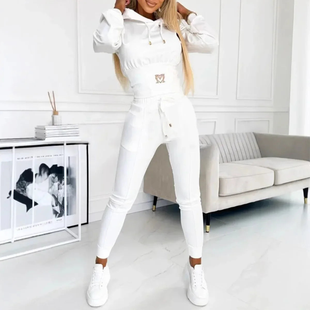 Women's Hooded Two-Piece Tracksuit with Cropped Top and Skinny Joggers - 2