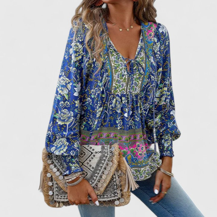 Women's Long Sleeve Blouse with Tie Neck and Floral Print - Navy Blue