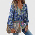 Women's Long Sleeve Blouse with Tie Neck and Floral Print - Navy Blue