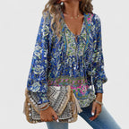 Women's Long Sleeve Blouse with Tie Neck and Floral Print - Navy Blue