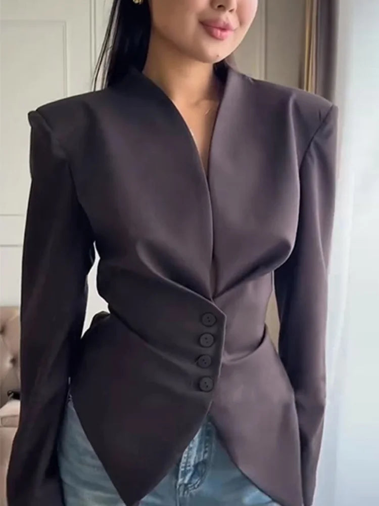 Women's Pleated Blazer Jacket with Wrap Front and Button Detail - 2