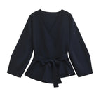 Women's Knit Blazer with Shoulder Pads and Belted Waist - Blue