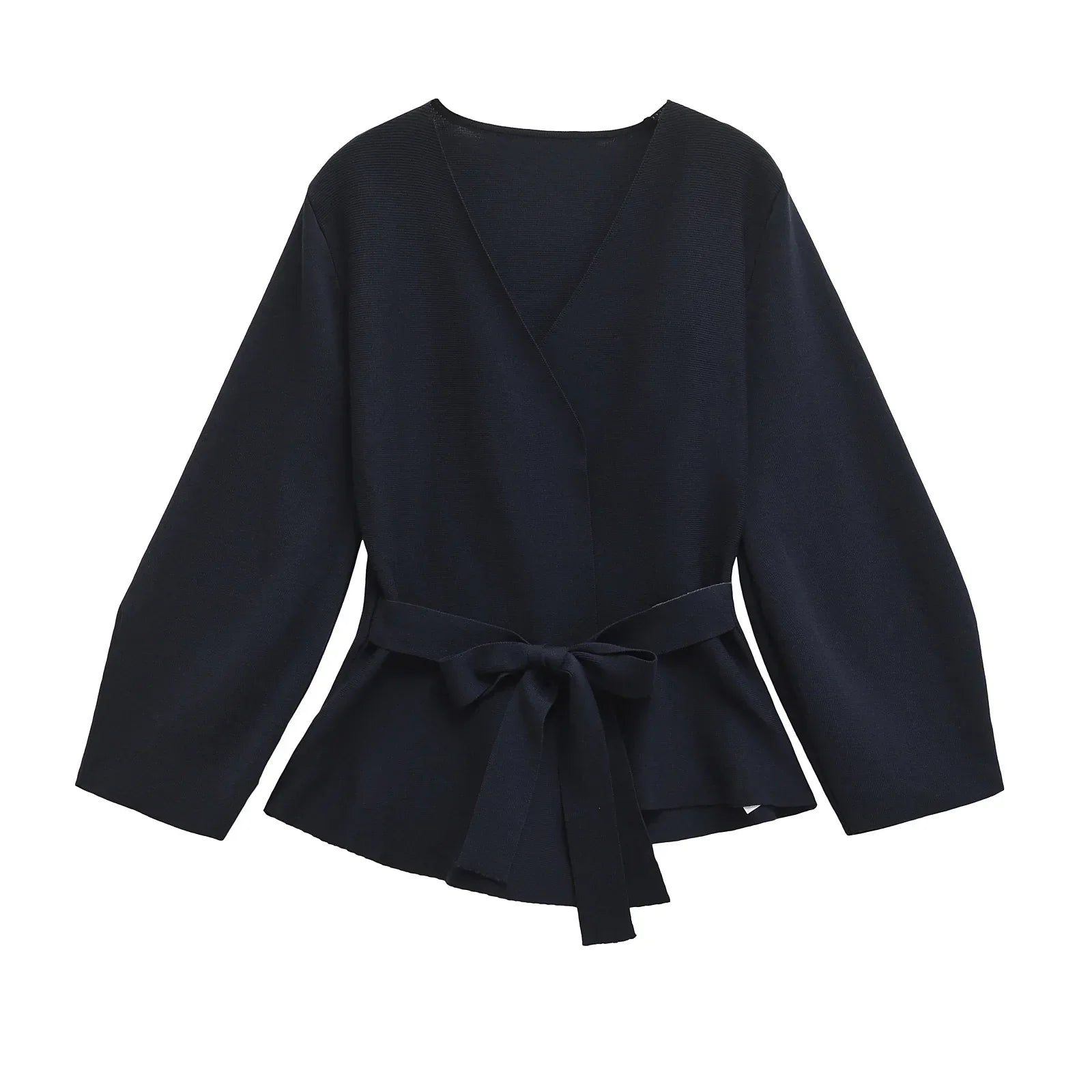 Women's Knit Blazer with Shoulder Pads and Belted Waist - Blue
