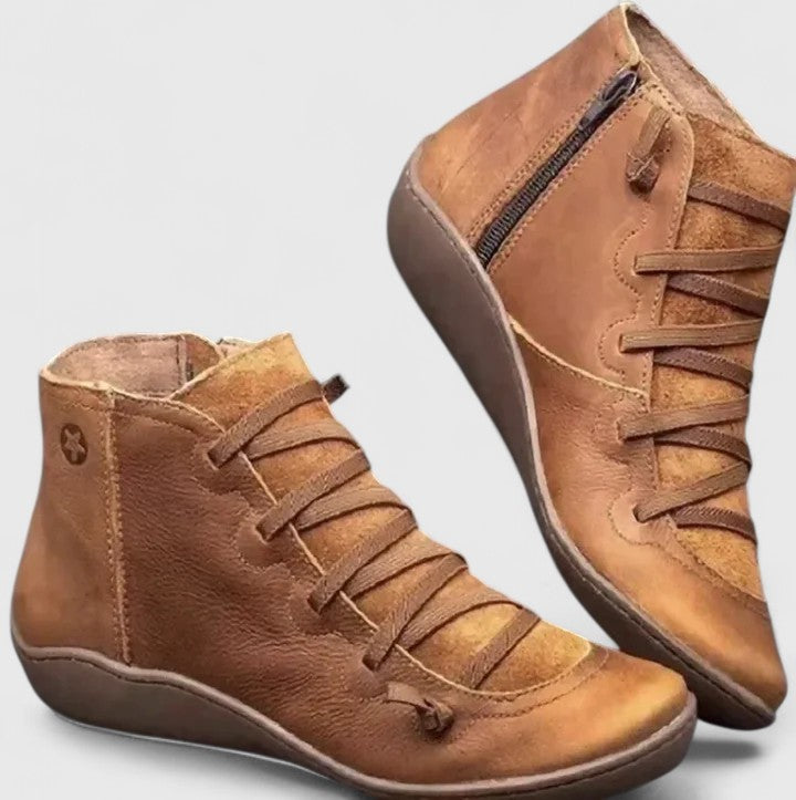Women's Ankle Boots with Lace-Up Detail and Side Zip - Brown