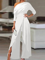 Women's Wide-Leg Jumpsuit with Cold-Shoulder Neckline and Draped Front - White