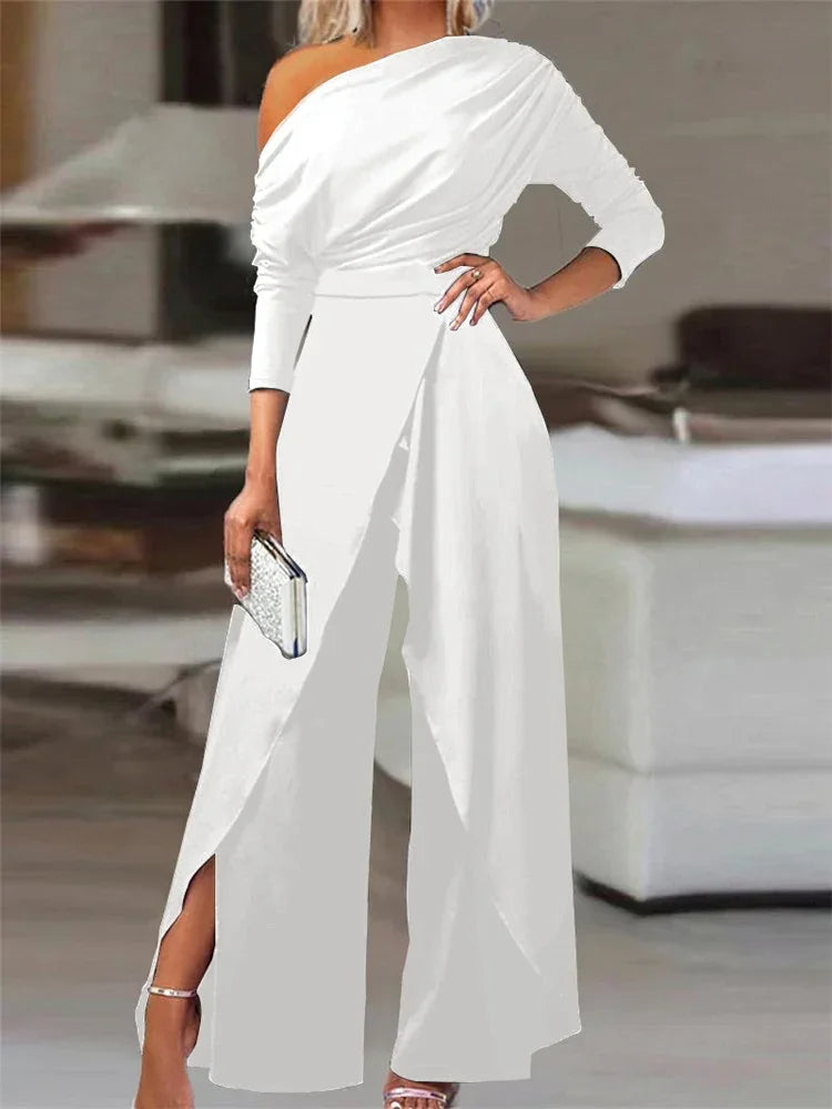 Women's Wide-Leg Jumpsuit with Cold-Shoulder Neckline and Draped Front - White