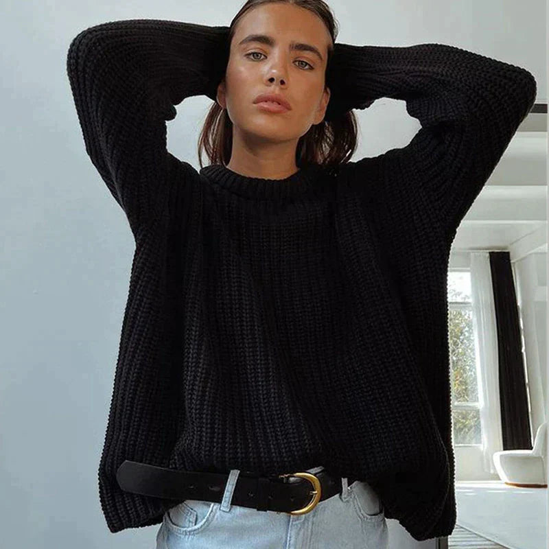 Women's Relaxed Fit Ribbed Jumper with Layered Collar - Black