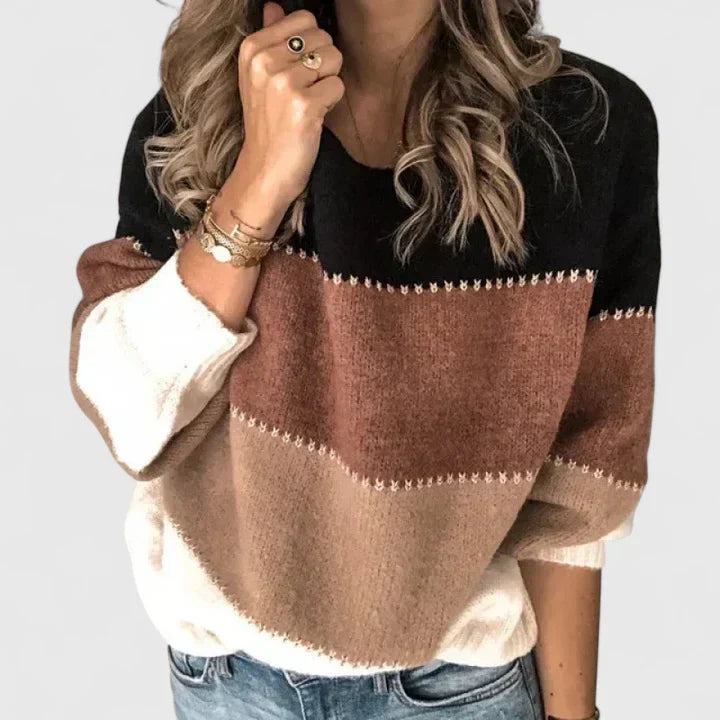 Women's Striped Jumper Long Sleeve with Round Neck - Khaki