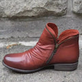 Women's Ankle Boots with Ruched Faux Leather and Side Zip - Red