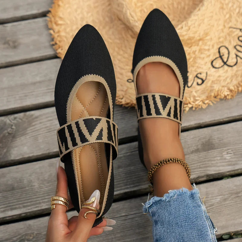 Women's Pointed-Toe Ballet Flats with Elastic Ankle Strap - Black