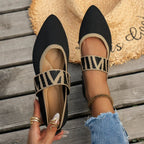 Women's Pointed-Toe Ballet Flats with Elastic Ankle Strap - Black
