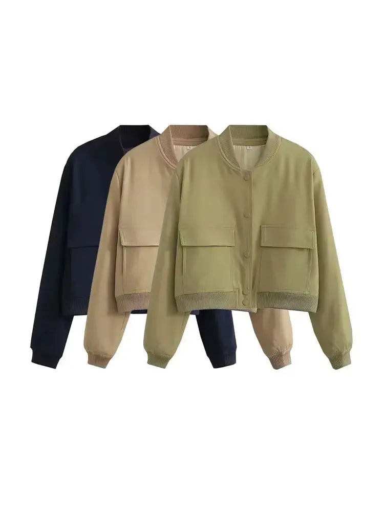 Women's Bomber Jacket with Patch Pockets and Ribbed Trim - 7