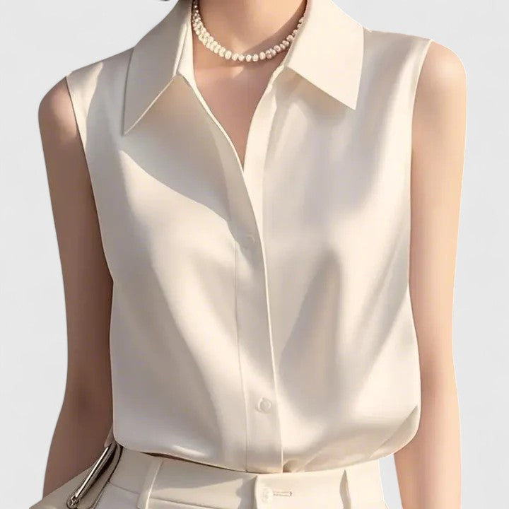 Women's Sleeveless Blouse with Collar and Button-Up Front - White