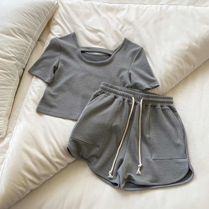 Women's Ribbed Loungewear Set Short Sleeve with Shorts - Grey