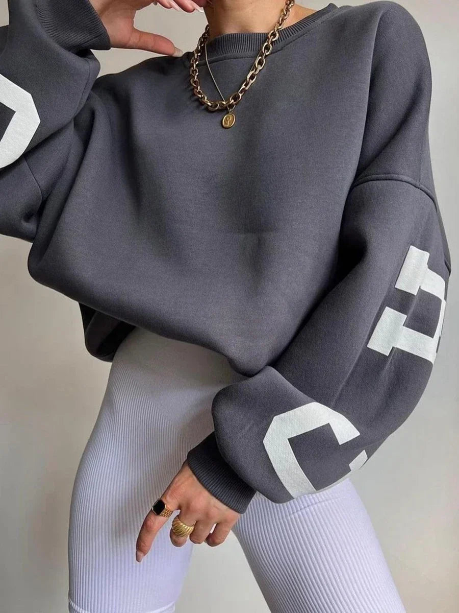Women's Oversized Sweatshirt with City Print and Crew Neck - Dark Grey