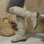 Women's Knee High Boots with Slouchy Fit and Buckle Detail - Light Brown