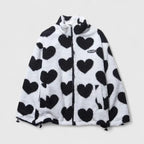 Women's Fleece Jacket with Heart Print and Stand Collar - 10