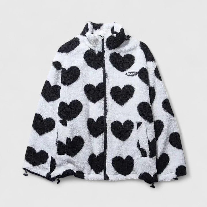 Women's Fleece Jacket with Heart Print and Stand Collar - 10
