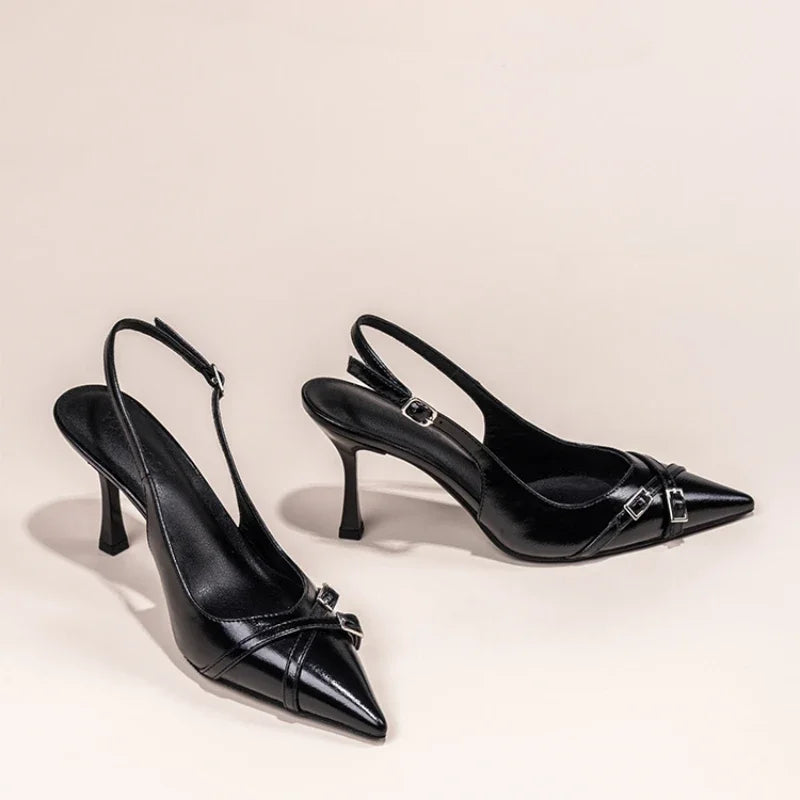 Women's Pointed Toe Slingback Court Shoes with Buckle Strap Heel - 3