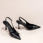 Women's Pointed Toe Slingback Court Shoes with Buckle Strap Heel - 3