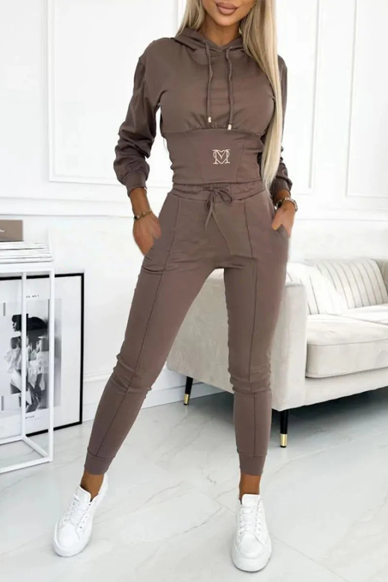 Women's Hooded Two-Piece Tracksuit with Cropped Top and Skinny Joggers - Khaki