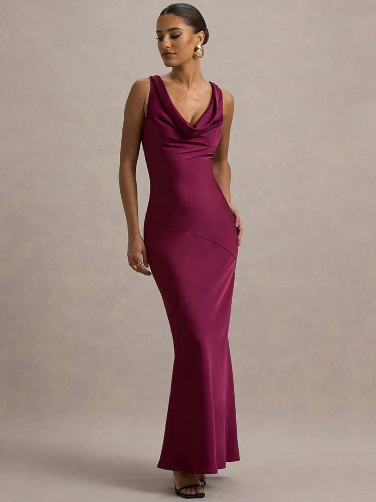 Women's Sleeveless Bodycon Maxi Dress with Cowl Neckline - Wine