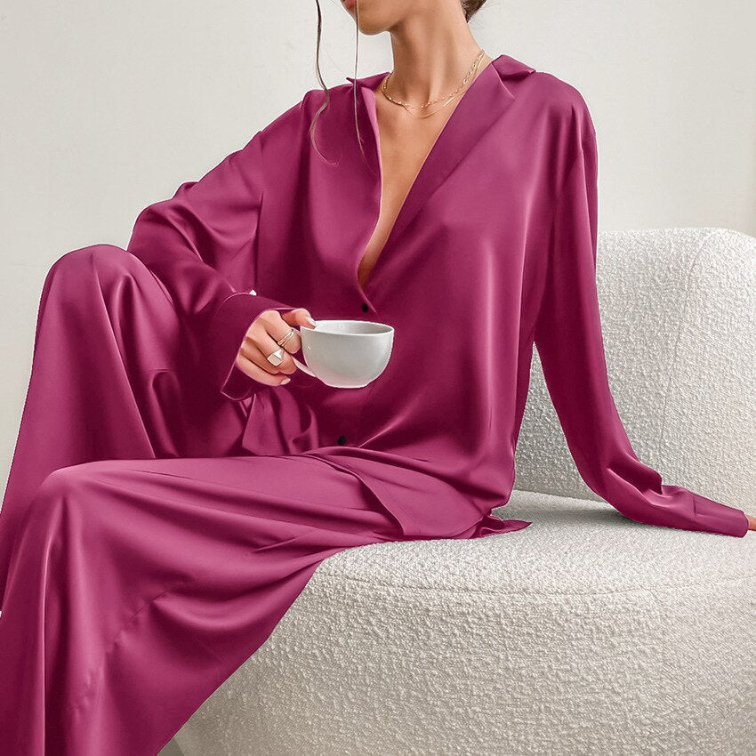 Satin Pyjama Set with Revere Collar and Wide Leg Trousers - Pink