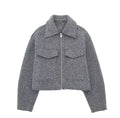 Women's Cropped Jacket with Lapel Collar and Zip Fastening - Grey