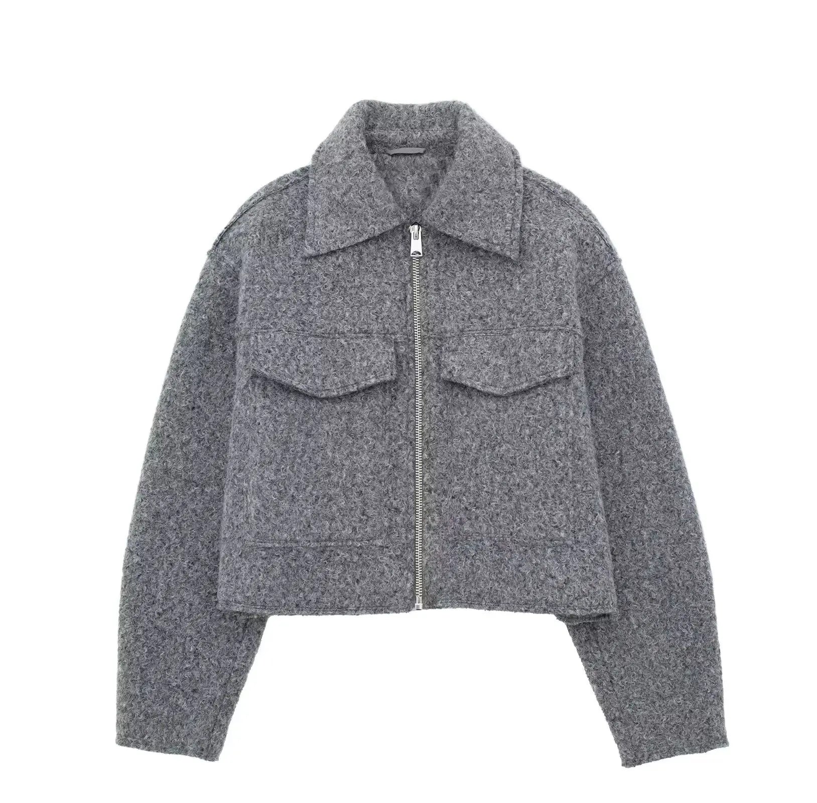 Women's Cropped Jacket with Lapel Collar and Zip Fastening - Grey