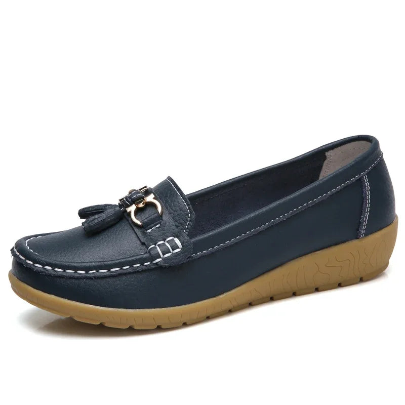Women's Slip-On Loafers with Tassel Trim and Wedge Sole - Dark Blue