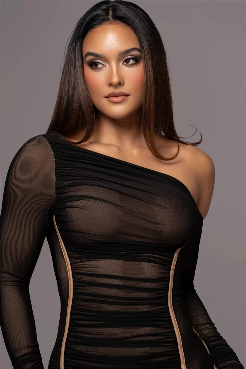 Women's Bodycon Midi Dress with One-Shoulder Ruched Design - 11