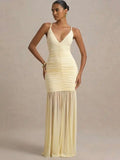 Women's Maxi Dress Sleeveless with V-Neck and Ruched Bodice - Yellow
