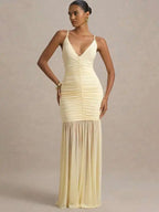 Women's Maxi Dress Sleeveless with V-Neck and Ruched Bodice - Yellow