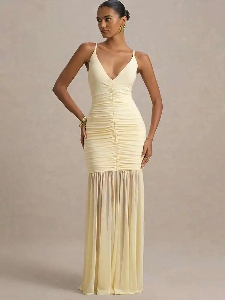 Women's Maxi Dress Sleeveless with V-Neck and Ruched Bodice - Yellow