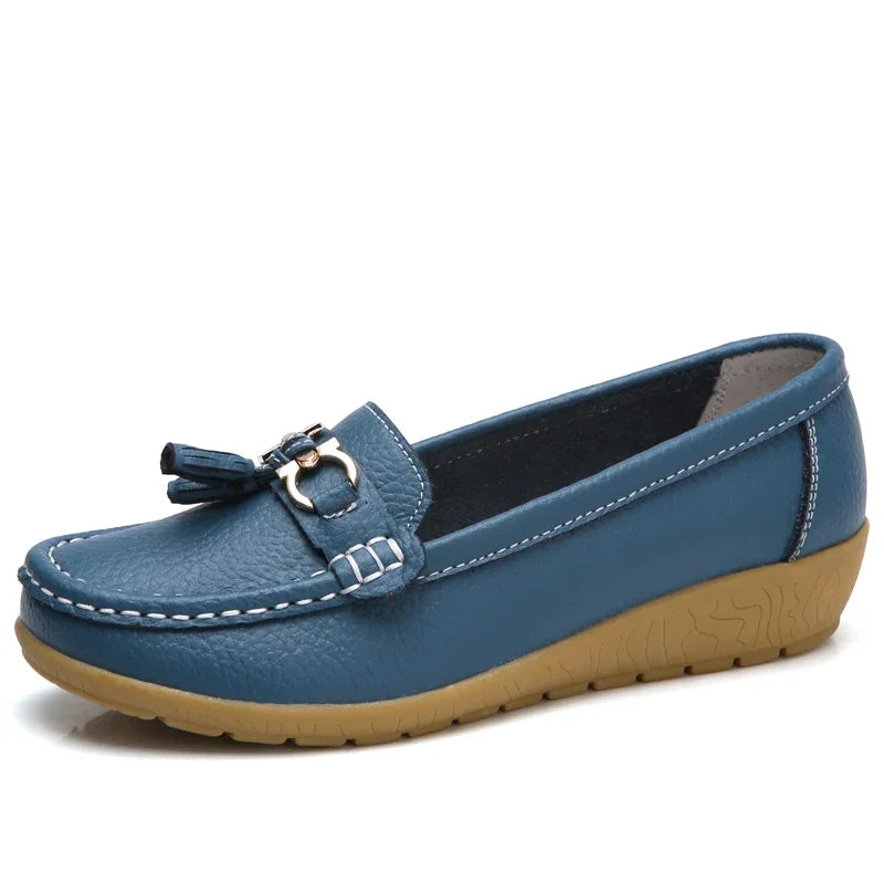 Women's Slip-On Loafers with Tassel Trim and Wedge Sole - Blue