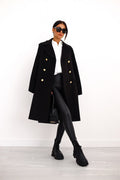 Women's Double-Breasted Wool Coat Gold Button Detail - Black