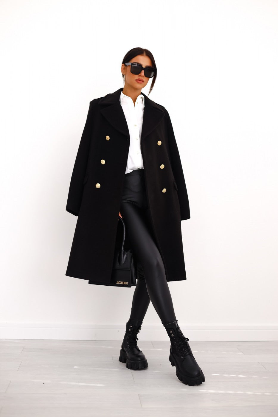 Women's Double-Breasted Wool Coat Gold Button Detail - Black