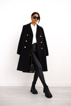 Women's Double-Breasted Wool Coat Gold Button Detail - Black