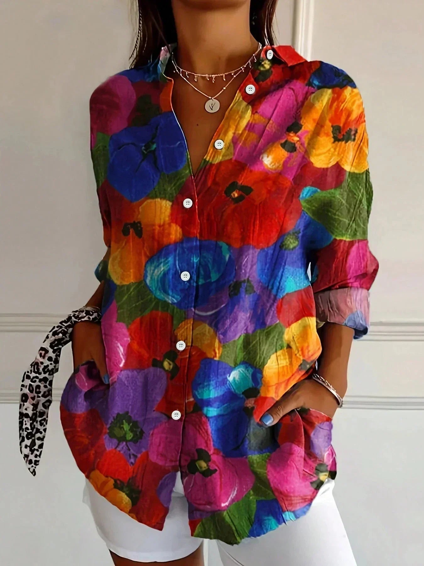 Women's Blouse Long Sleeve with V-Neck and Floral Print - Flower 1