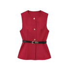 Women's Waistcoat Sleeveless with Gold Buttons and Belted Waist - Red
