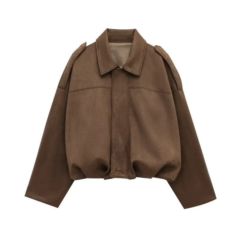 Women's Cropped Jacket with Shoulder Epaulettes - Brown