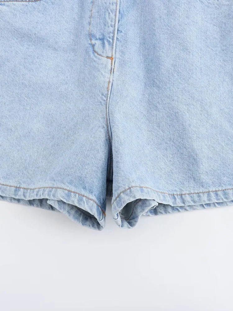 Women's Denim Playsuit with Chest Pockets and Button Front - 9