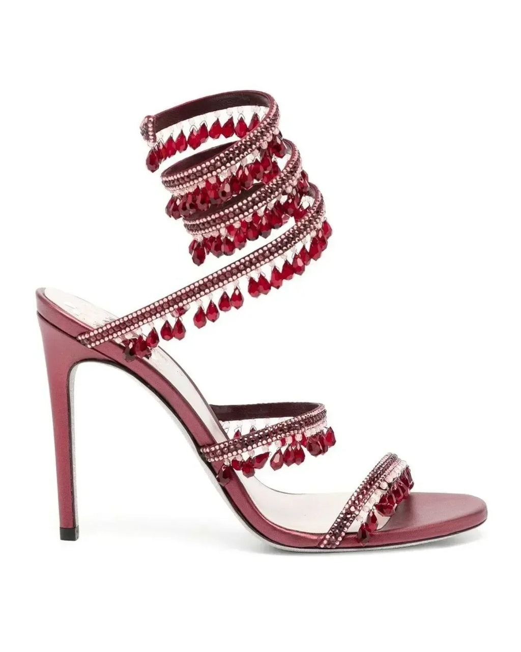 Women's Heeled Sandals with Wraparound Ankle Strap and Diamante Detail - Red