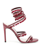 Women's Heeled Sandals with Wraparound Ankle Strap and Diamante Detail - Red