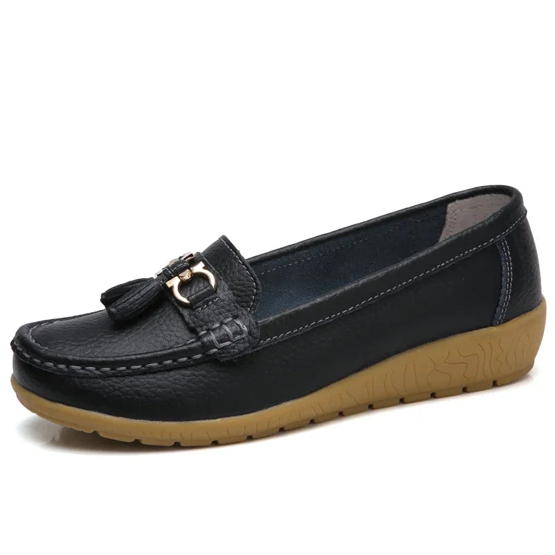 Women's Slip-On Loafers with Tassel Trim and Wedge Sole - Black