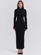 Women's Long Sleeve Bodycon Maxi Dress with O-Neck and Side Pockets - 3