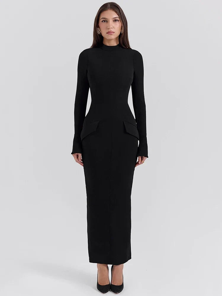 Women's Long Sleeve Bodycon Maxi Dress with O-Neck and Side Pockets - 3