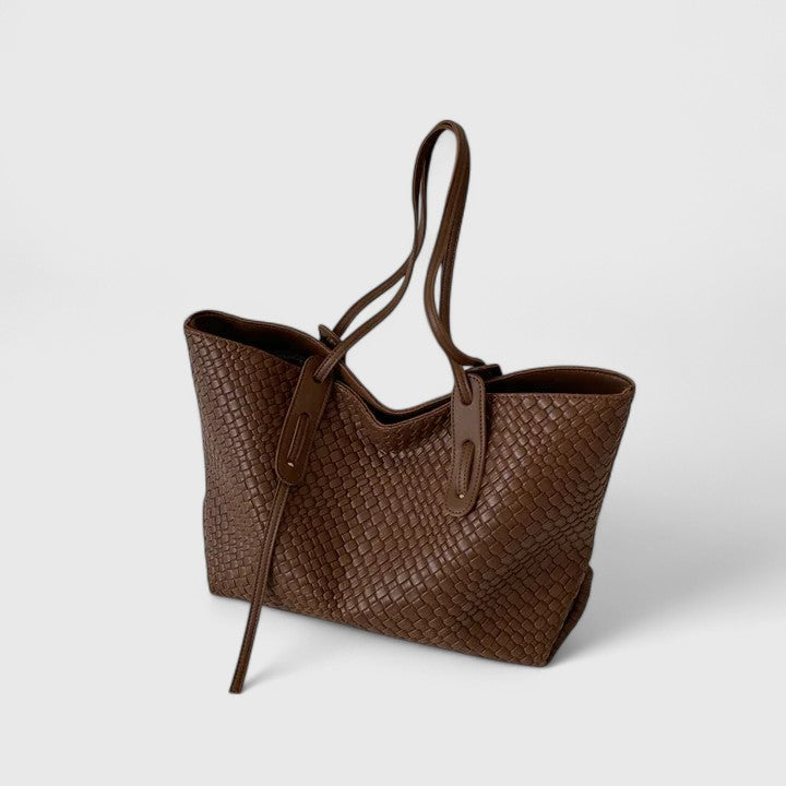 Women's Woven Tote Bag with Dual Handles - Coffee